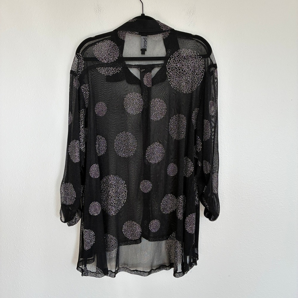 Berek Sheer Top Womens L Black Mesh Button Down Silver Polka Dot Top Fancy Event - Picture 7 of 11